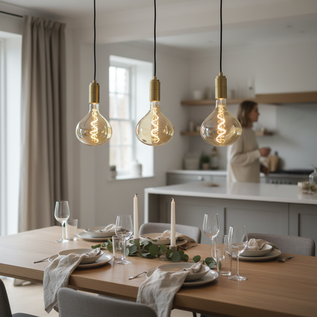 Dining table set with plates, glasses, and candles, featuring three hanging light bulbs.