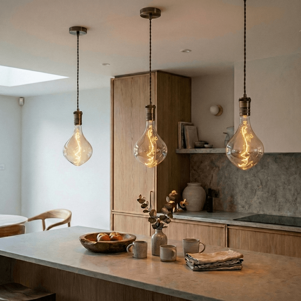 Antique brass twisted pendant over kitchen island