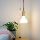 brass plug in pendant light and twisted cable astrid bulb in living room on