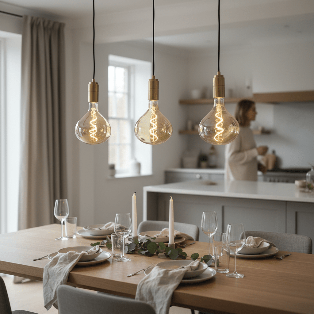 Dining table set with plates, glasses, and candles, featuring three hanging light bulbs.