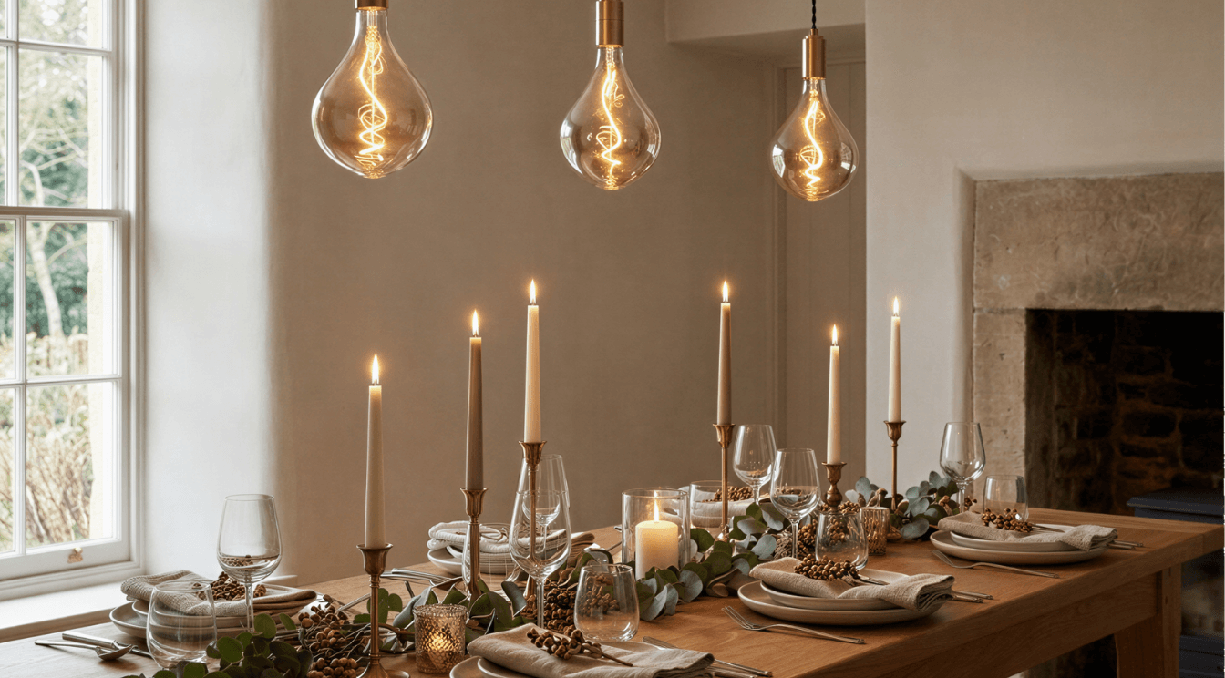 Dining room table with black pendant lights