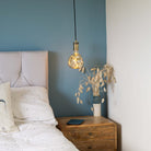 antique bronze pendant light and straight cable with isabella bulb hanging above the bedside table 